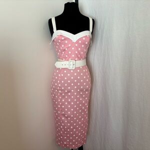 Pinup Girl Deadly Dames Wiggle Dress Pink White Polka Dot Retro Rockabilly Belt